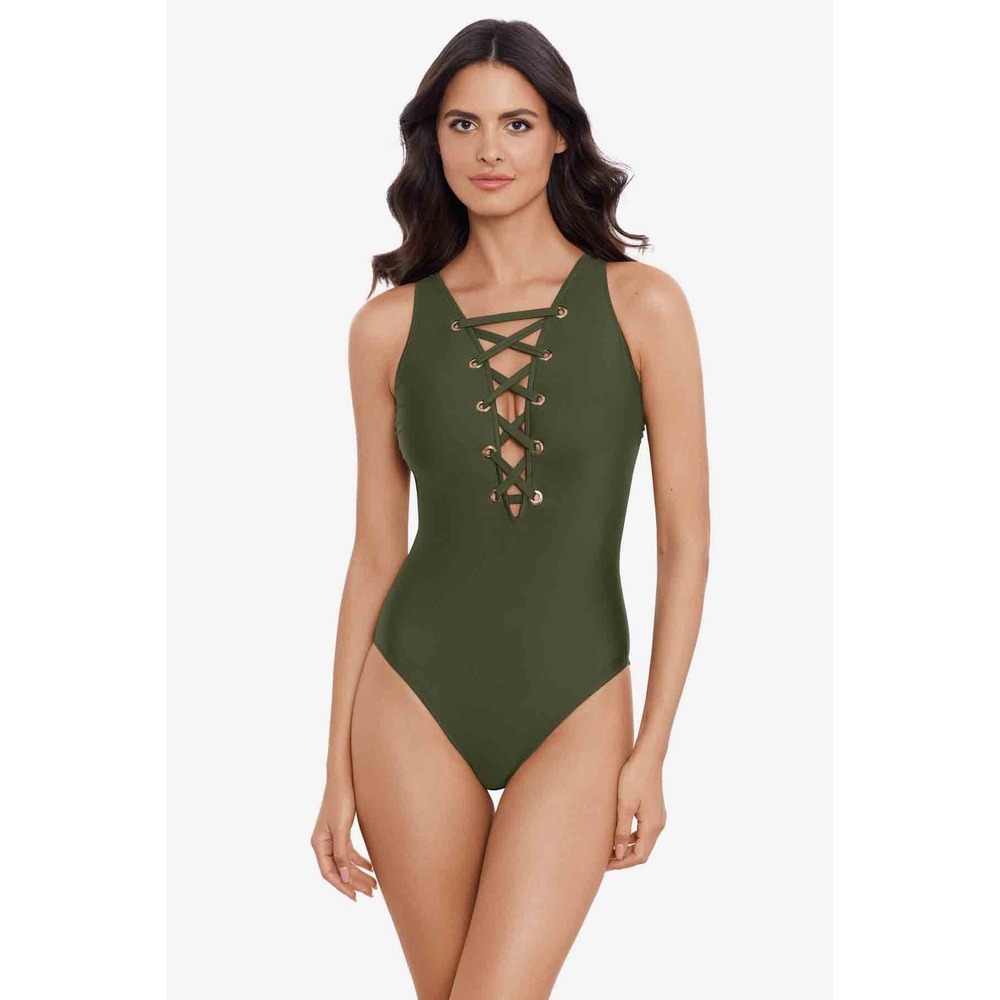 Magicsuit Steffi One Piece Swimsuit Bamboo Green Lace Up Slimming 6020550 NEW 14